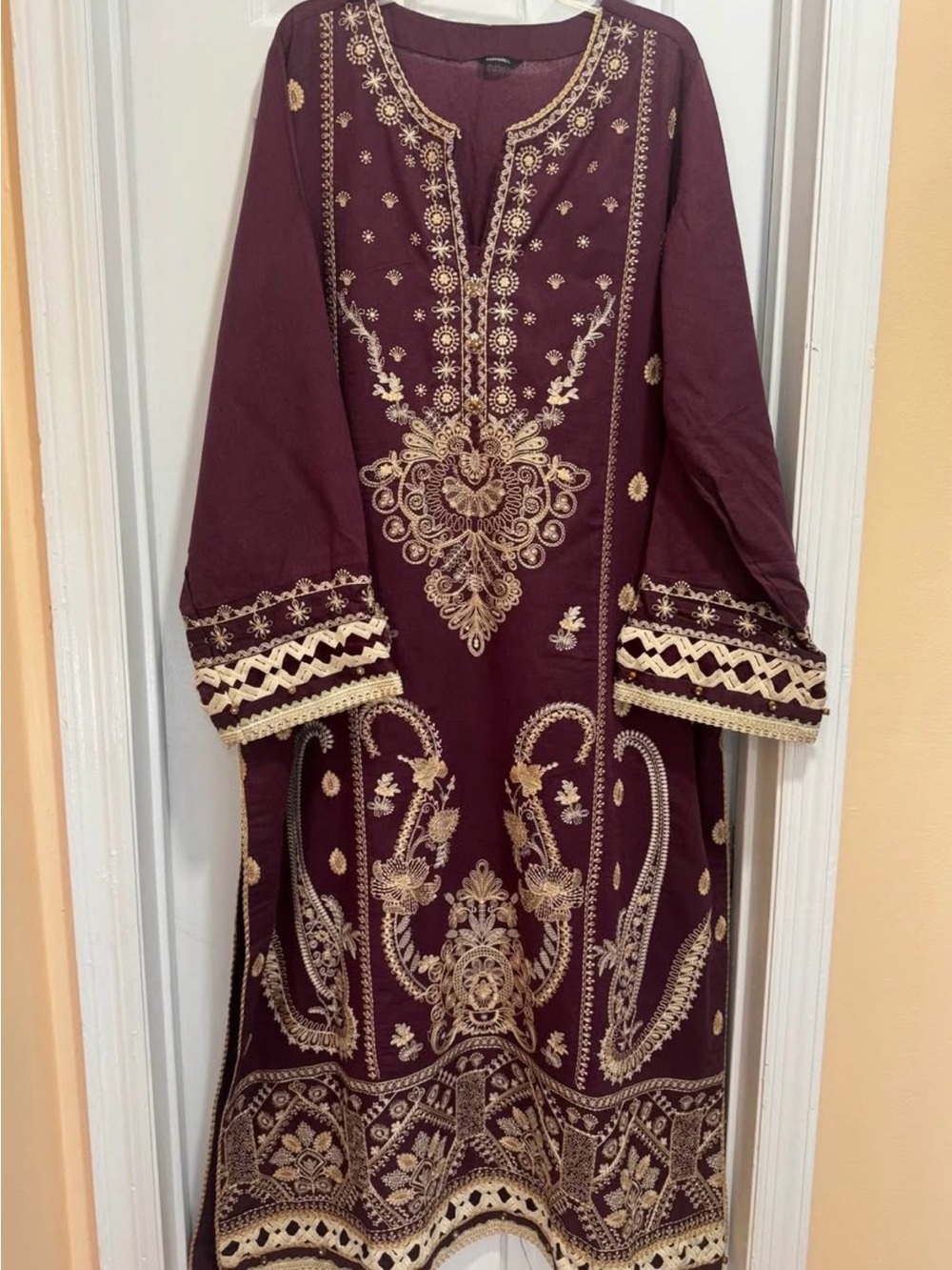 Embroidered Maroon Maxi Dress with Gold Detailing